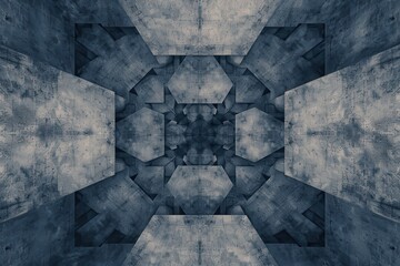 Abstract geometric background with symmetrical concrete structures and dark textures in a modern, industrial style.