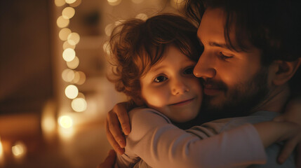 Father and Child Snuggling with Warm Lights, Parenting