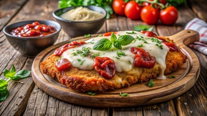 Golden-breaded chicken topped with marinara sauce and melted mozzarella cheese on a rustic wooden table setting