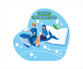 Happy Literacy Day. Childrens Imagination Concept, Reading Books Becomes an Adventure of Fantasy and Imagination. Flat vector modern illustration