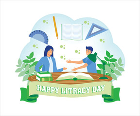 People celebrate international literacy day and happy student day by working on computers and reading books. Flat vector modern illustration