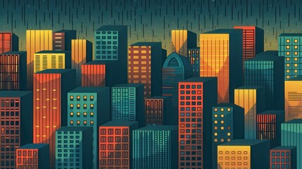 Colorful cityscape illustration showcasing tall buildings with vibrant hues under a dark sky. Perfect for urban-themed projects and designs.