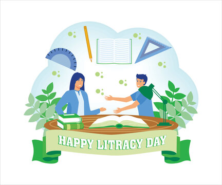 People celebrate international literacy day and happy student day by working on computers and reading books. Flat vector modern illustration