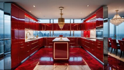 A sleek 4K resolution modern luxury red kitchen, situated in a sprawling upscale penthouse apartment