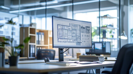 Digital Architectural Plans Displayed on Large Monitor, Highlighting Modern Design Techniques