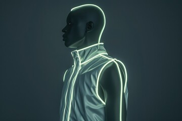 Futuristic mannequin with neon lights on outlines, minimalist and modern design in a moody dark setting.