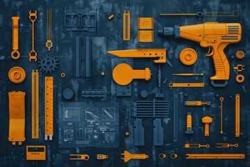 Fototapeta premium High angle view of various blue and orange mechanical tools and parts arranged neatly on a dark surface. Industrial and technical tools background.