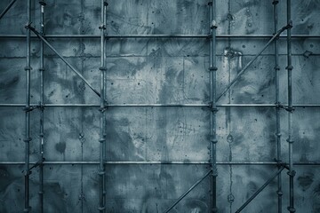 Industrial concrete wall with scaffolding framework, showcasing construction and architecture elements in a gritty urban setting.