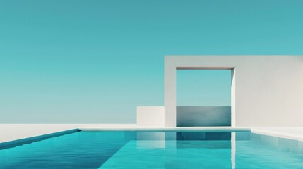 Obraz premium Minimalistic outdoor pool with clear blue water, elegant white architecture, and a serene ocean view under a clear sky.