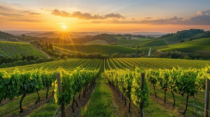 Fototapeta premium Picturesque vineyards with rows of grapes and a beautiful sunset in the background.