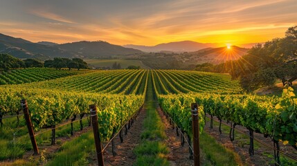 Fototapeta premium Picturesque vineyards with rows of grapes and a beautiful sunset in the background.