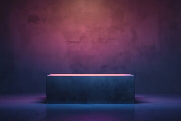 Modern abstract pedestal in dark studio with colorful lighting, showcasing minimalist design suitable for product display or presentations.