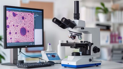 A microscope with a built-in camera that takes pictures of cell samples. The images are displayed on a monitor next to the microscope.