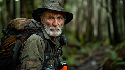 Fototapeta premium A older man is hiking in the Tasmanian wilderness. The weather is clear but the forest is damp.