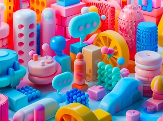 A colorful city made of plastic toys.