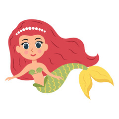 Cute little mermaid. Cartoon underwater princess character. Vector illustration isolated on white background.