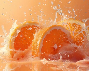 Orange segments in a vibrant splash of juice, pastel orange background, intricate and dynamic composition