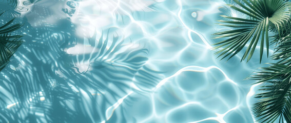 Top View of Pool Water with Palm Leaf Shadow, Minimalist Elegant Background, Summer Vacation at the Beach Concept