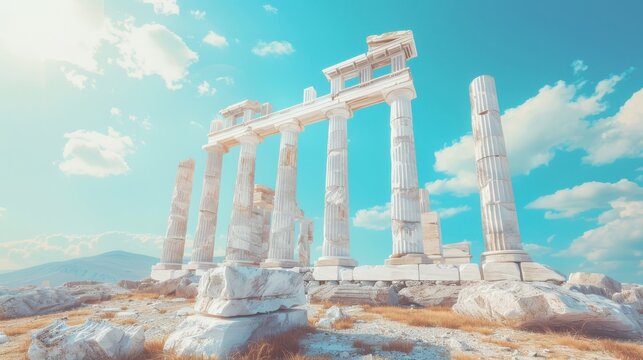 Ancient Greek temple ruins under a bright blue sky, showcasing historic architecture and cultural heritage in a stunning landscape.