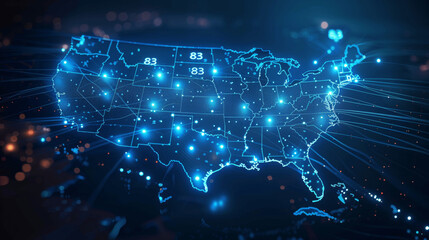 Digital USA Map with Glowing Connections: Data Transfer & Cyber Technology Background