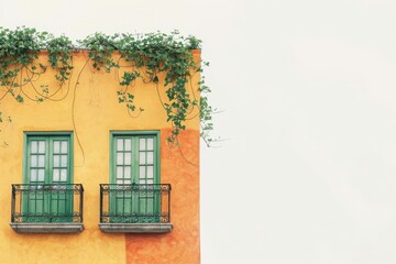 Bright yellow and orange building facade with green windows and ivy climbing from the roof against a plain white sky.