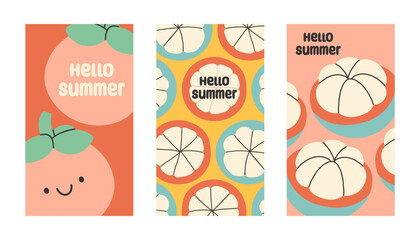 Summer poster mangosteen set in flat style. Art for poster, postcard, wall art, banner background