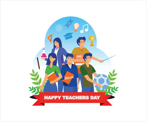 Happy Teacher's Day with A group of teachers from various fields gathers in teacher's day. Flat vector modern illustration