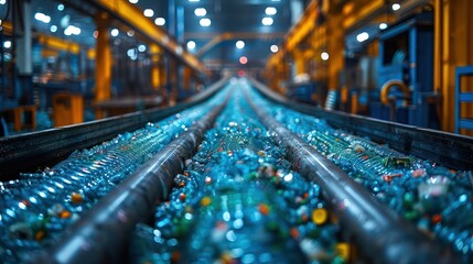 Conveyor belt in industrial waste recycling plant in the form of a spacious area Dynamic light, glass surface