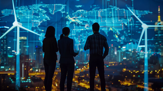A diverse team of professionals stands before a large digital screen displaying a world map and interconnected data, symbolizing global connectivity, innovation, and strategic planning in technology a