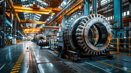 Obraz premium Heavy machinery manufacturing plant with large cranes and assembly of massive components.