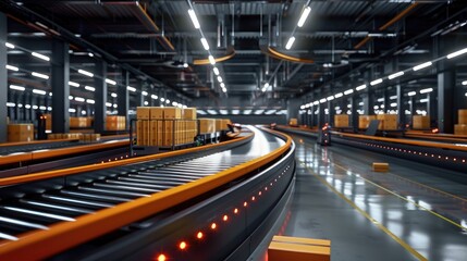 Fototapeta premium High-speed conveyor belts in an automated logistics center sorting packages for delivery with minimal human interaction.