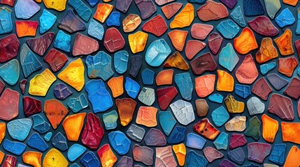 A seamless background texture featuring a vibrant and colorful mosaic pattern. The repeating tiles create a dynamic and energetic visual effect, perfect for use in digital designs, advertisements,