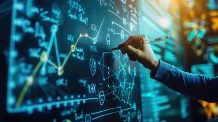Hand writing on a digital drawing board displaying complex mathematical formulas and graphs, representing data analytics and technology.