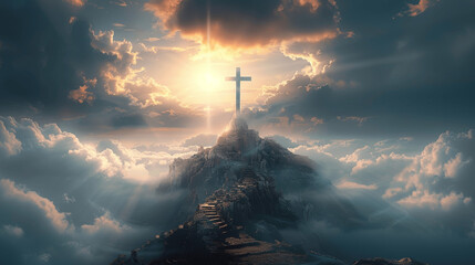 the cross atop a divine island amidst stormy skies heaven and hell theme holy resurrection of Jesus Christ on golgotha hill surrounded by clouds and light spiritual easter landscape