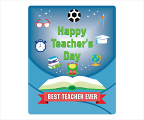 Happy teachers day banner with school equipment. Flat vector modern illustration