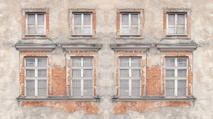 Fototapeta premium Old building exterior with four symmetrical windows, peeling paint, and exposed bricks. Historic architecture, urban decay effect.