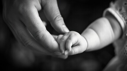 Close-up of a small hand of a newborn baby holding an adult's finger to capture a tender moment.