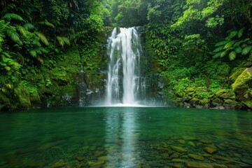 Fototapeta premium Serene waterfall cascading into a crystal-clear pool surrounded by lush, green foliage in a tranquil forest setting.