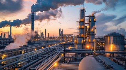 Large industrial plant with a lot of smoke coming out of it. The sky is dark and the sun is setting