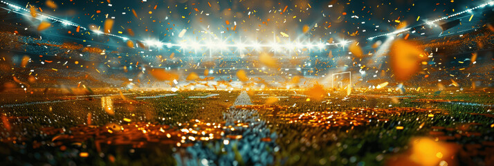 Epic Soccer Stadium at Night with Confetti and Golden Lights for Sport Event Advertisement