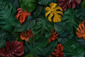 Naklejka premium Tropical foliage background with vibrant green, yellow, and red monstera leaves creating a lush and colorful pattern.