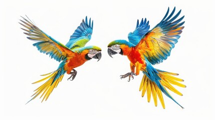 Two vibrant macaws with colorful plumage in mid-flight against a white background, showcasing their striking feathers and grace.