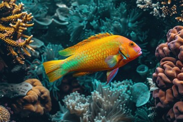 Vibrant tropical fish swimming amongst colorful corals in a beautiful underwater world, showcasing stunning marine biodiversity.