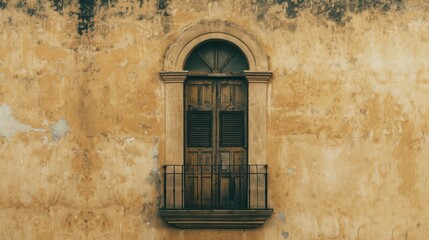 Vintage arched window with a small metal balcony set in a weathered, textured yellow wall, reflecting historical architecture.