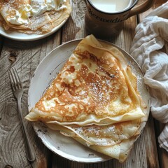 Stacked Golden Brown Crepes With Powdered Sugar on a Rustic Wooden Table