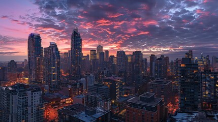 Fototapeta premium Bustling city skyline at dusk with bright skyscrapers contrasting with the evening sky.