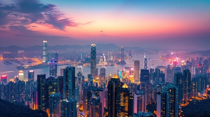 Fototapeta premium Bustling city skyline at dusk with bright skyscrapers contrasting with the evening sky.