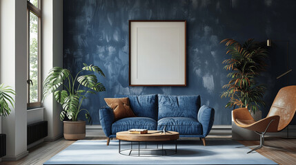 Modern Minimalist Living Room with Blue Sofa and Armchair Near Window, Wooden Coffee Table, Dark Wall, Mock Up Frame Poster in Scandinavian Design