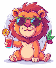 Fototapeta premium Funny lion drinks a fruit juice with sunglasses
