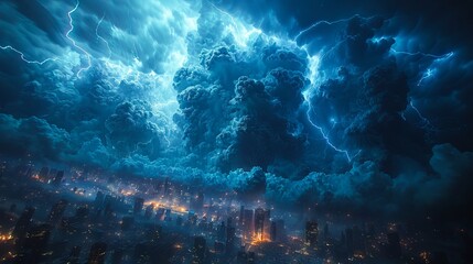 Fototapeta premium A city is covered in clouds and lightning.